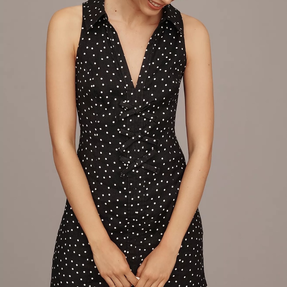 Maeve Black Polka Dot V-Neck Sleeveless Mini Dress